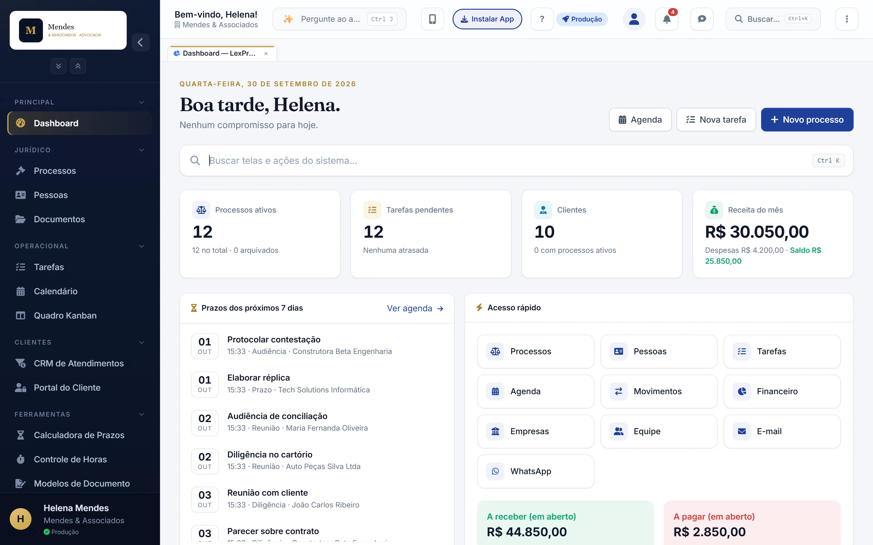 Painel do LexproAdv com prazos da semana, processos e financeiro